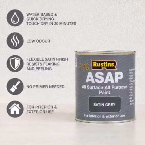Rustins ASAP Quick Dry All Surface All Purpose Water-Based Satin Paint, Grey, 250ml – 2