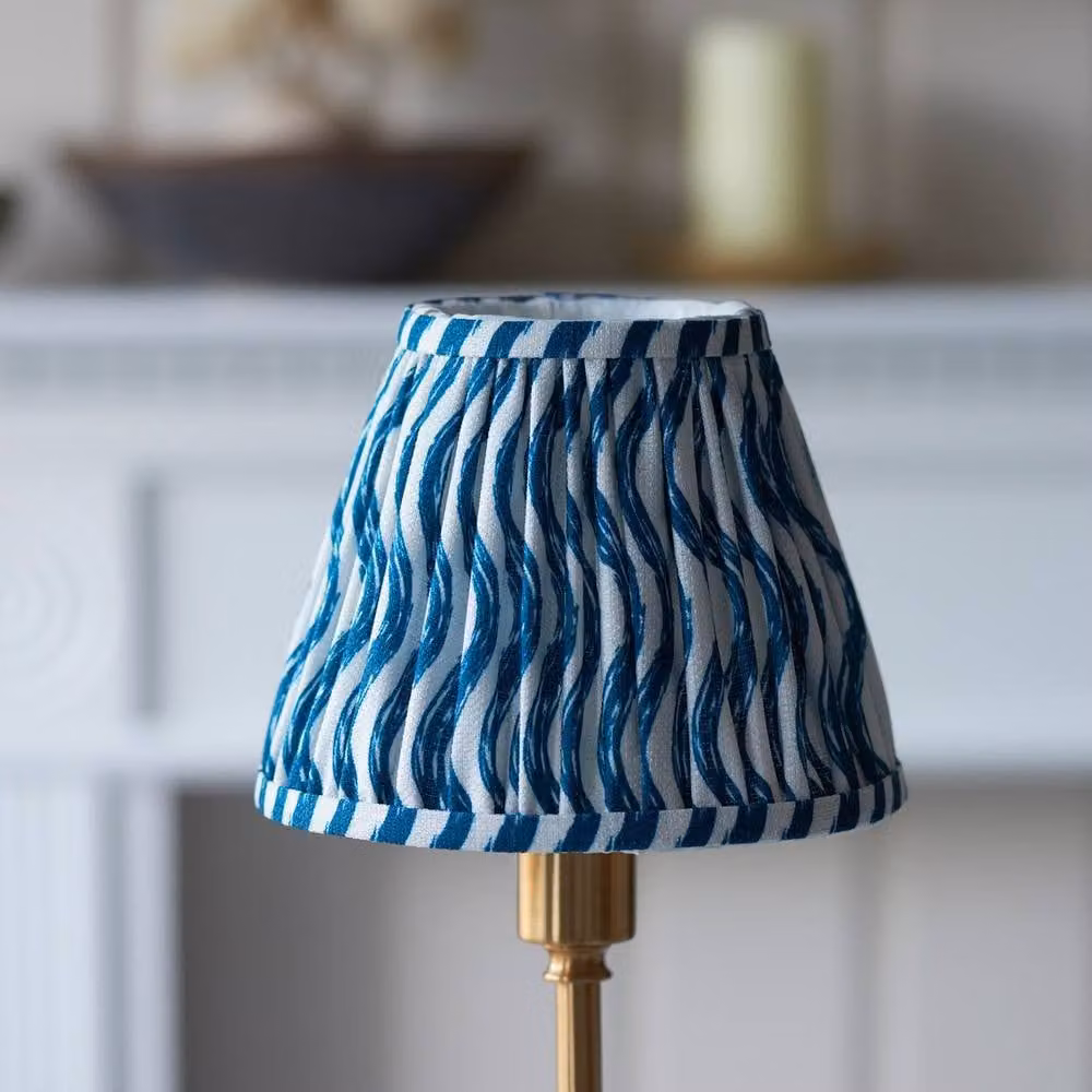 Netlighting Burley Rechargeable LED Table Lamp with Blue Fabric Ripple Shade and Gold Brass Base – 3