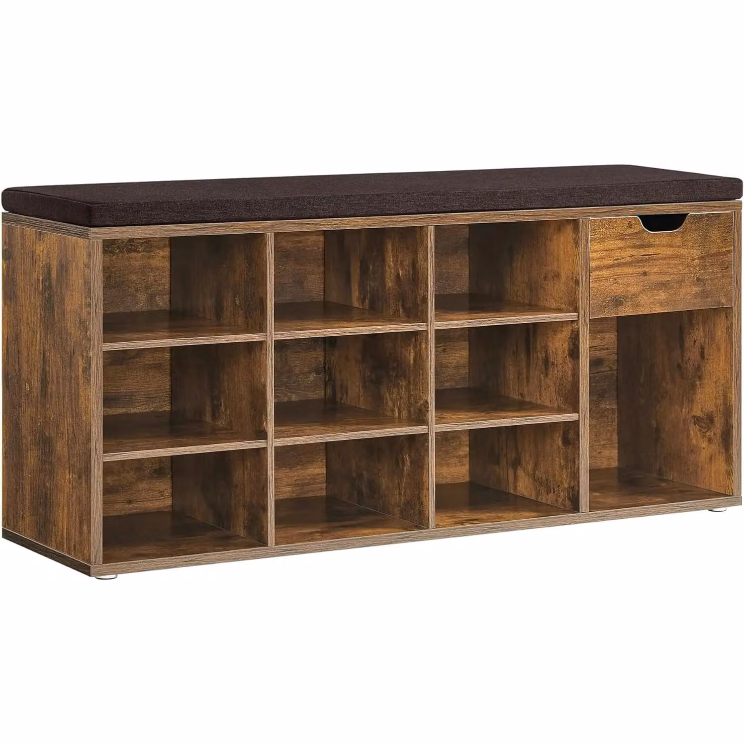 VASAGLE Brown Shoe Storage Bench with Cushion, Drawer and Open Compartments – 5