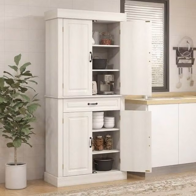 STILVORA Modern Tall Kitchen Cupboard in White with Internal Drawers and Shelves