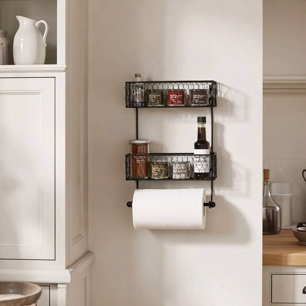 PAWNORA Wall Mounted Black Metal Spice Rack and Kitchen Roll Holder with Shelf – 2