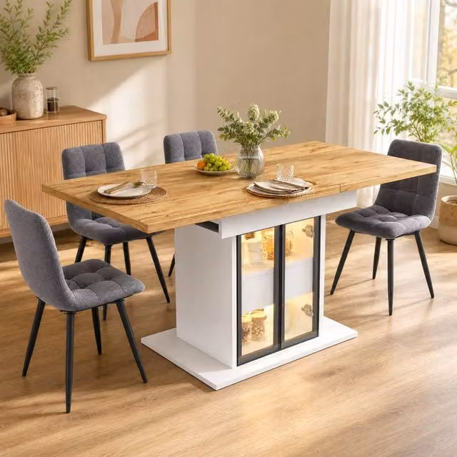 STILVORA Extendable Rectangular Dining Table with RGB LED and Storage in White and Transparent