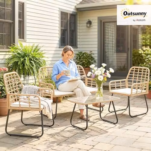 Outsunny 4 Piece Rattan Garden Furniture Set with 2 Seater Sofa, Coffee Table and Beige Cushions in Brown – 2