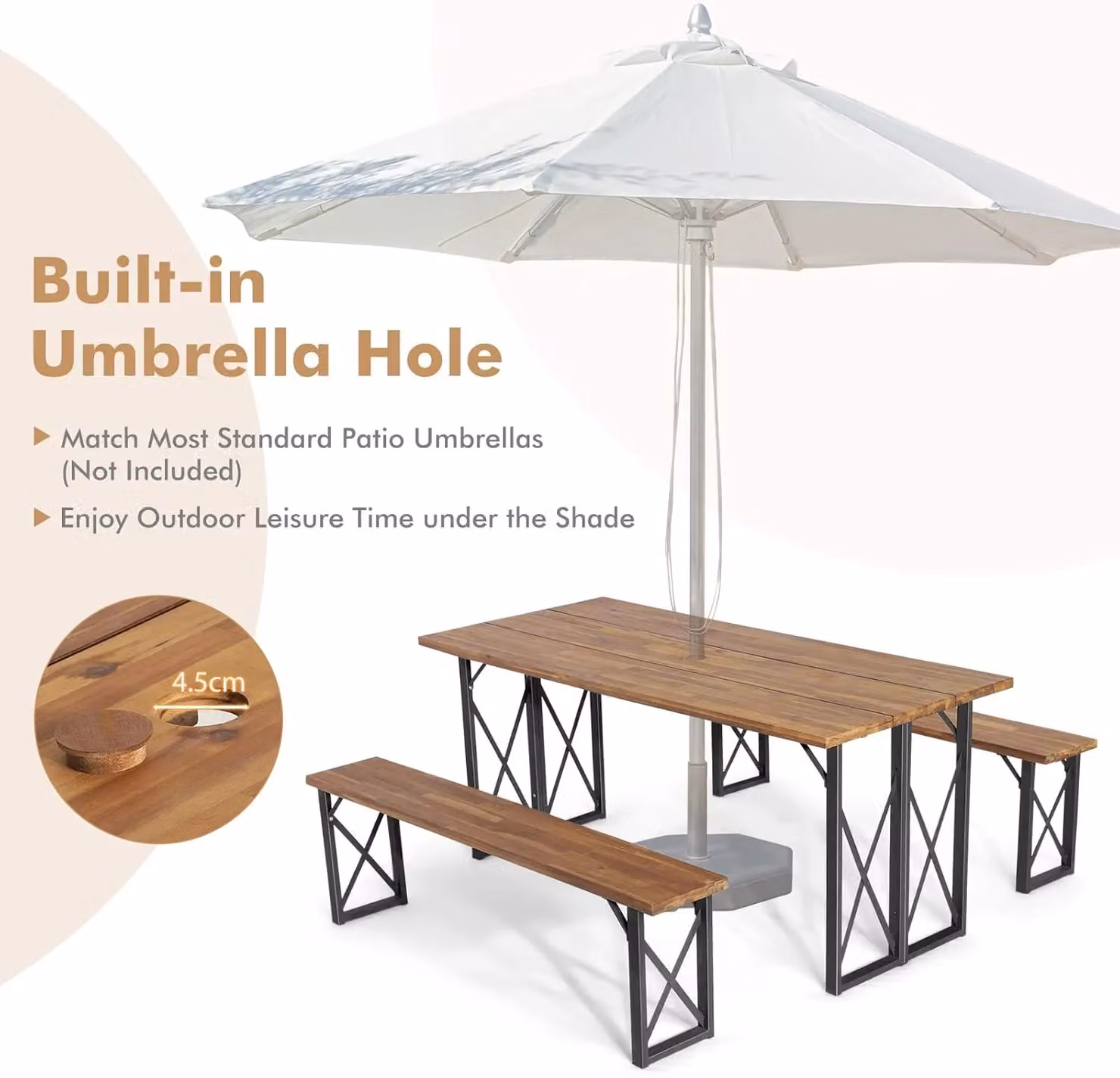 Gymax Brown Acacia Wood Picnic Table and 2 Benches Set with Umbrella Hole – 3