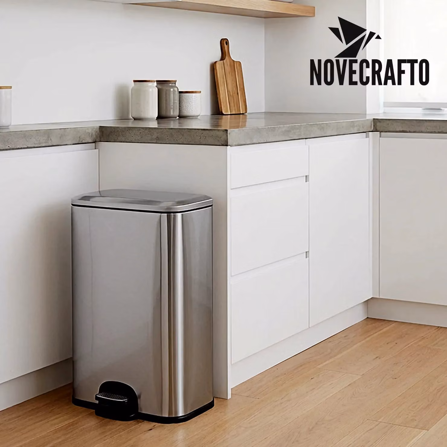 Novecrafto 50L Stainless Steel Pedal Kitchen Bin with Soft Close Lid in Black and Silver – 6