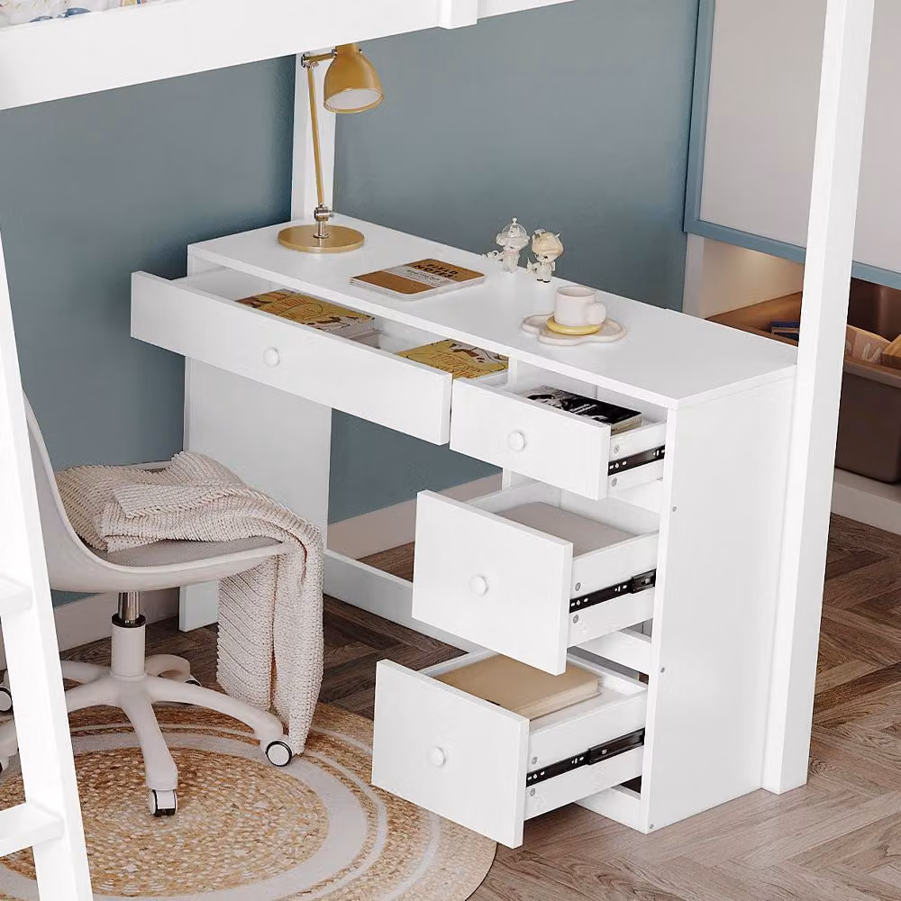Aosom.UK White 4-Step Ladder Bunk Bed with Drawers, Shelves and Safety Guardrails, W/D/H: 131 x 195 x 170 cm – 6