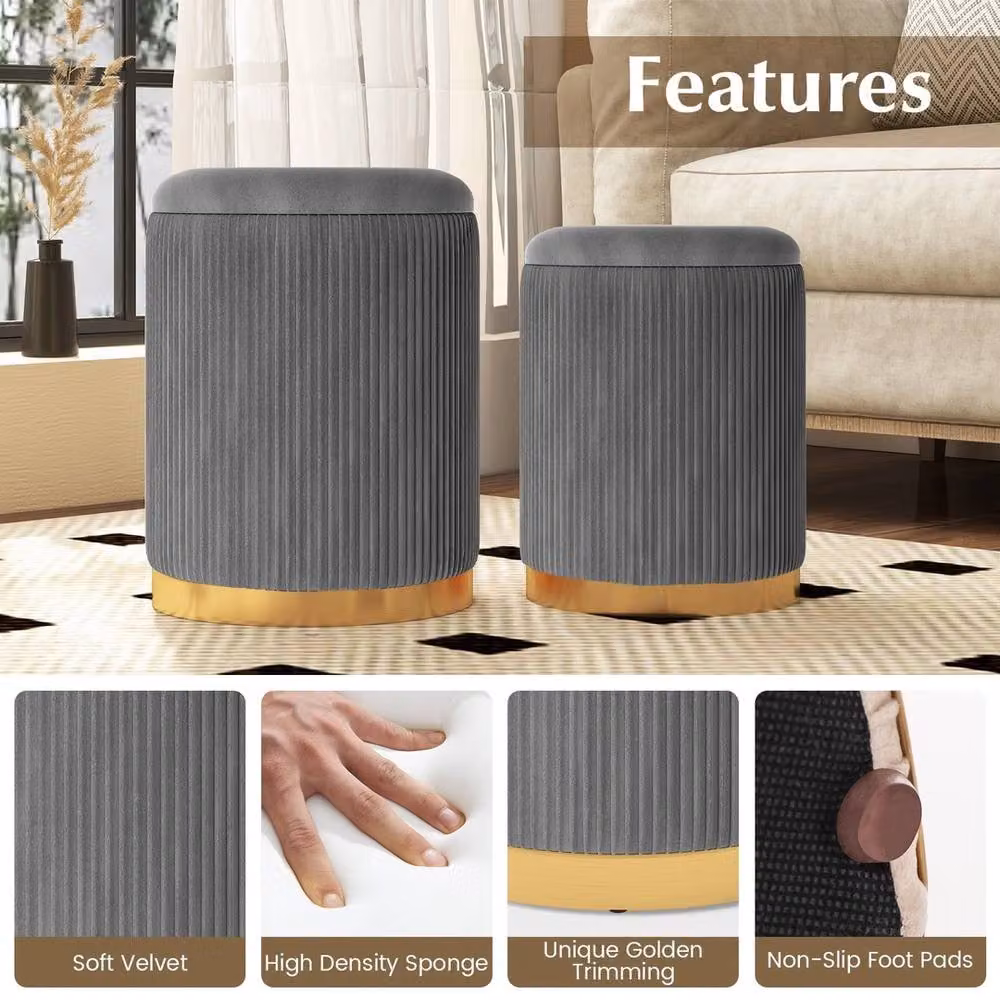 Kelvenix Set of 2 Grey Velvet Round Nesting Storage Ottomans – 4