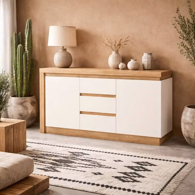 Wyld Haus Hjorring Sideboard in Natural Oak and White with 2 Doors, 3 Drawers and Integrated Lighting – 1