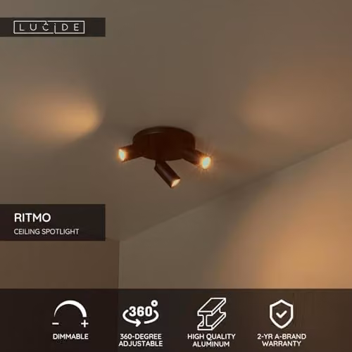 Lucide Ritmo Black Aluminium Ceiling Spotlight with 3x GU10 LED Bulbs, Diameter: 18 cm – 2