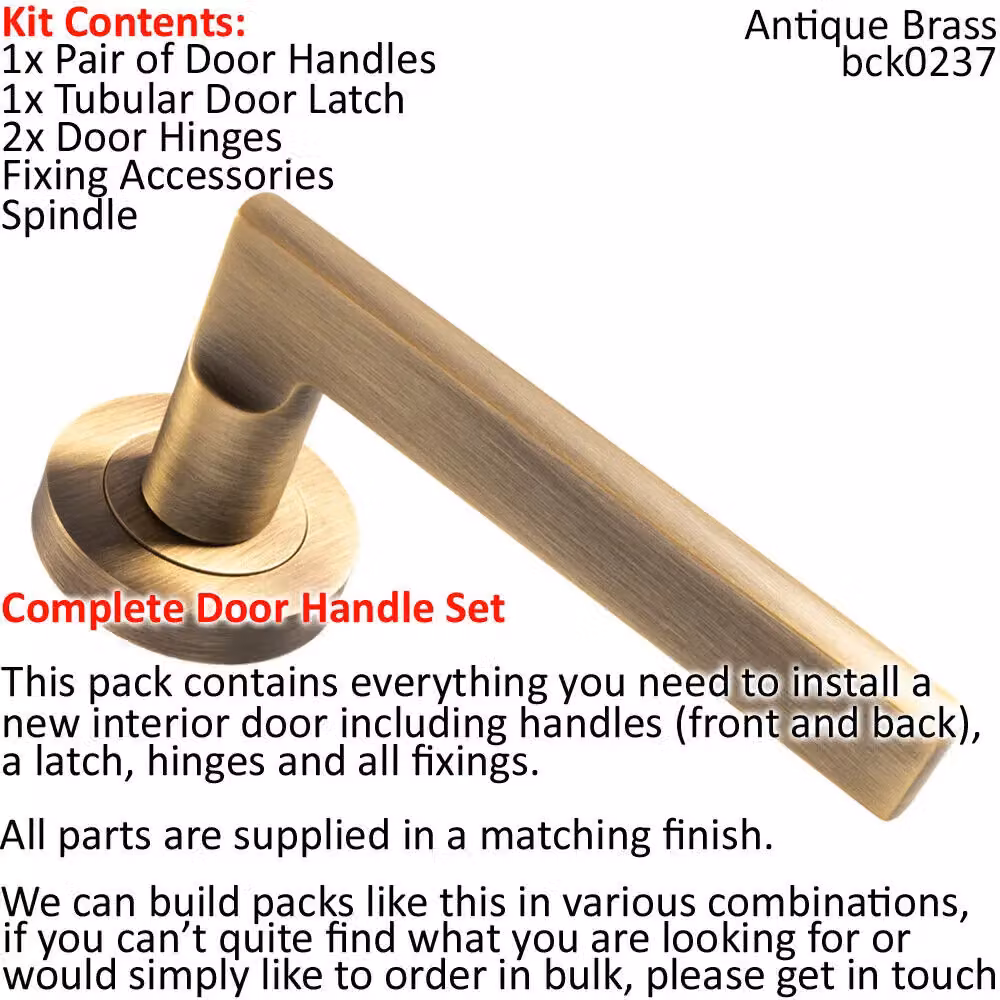 Loops Door Handle and Latch Pack in Antique Brass with Plinth Mounted Bar and Screwless Round Rose – 2