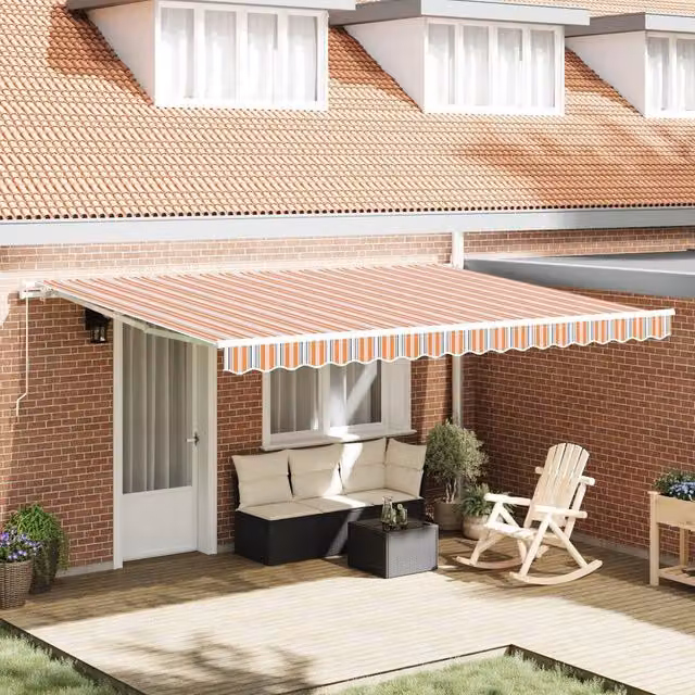 Berkfield Home Manual Retractable Folding Arm Awning in Orange Multicolour Stripe, W: 450 cm, D: 350 cm