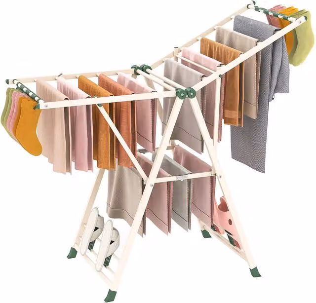 Gymax 2-Tier Folding Metal Laundry Clothes Drying Rack in Beige