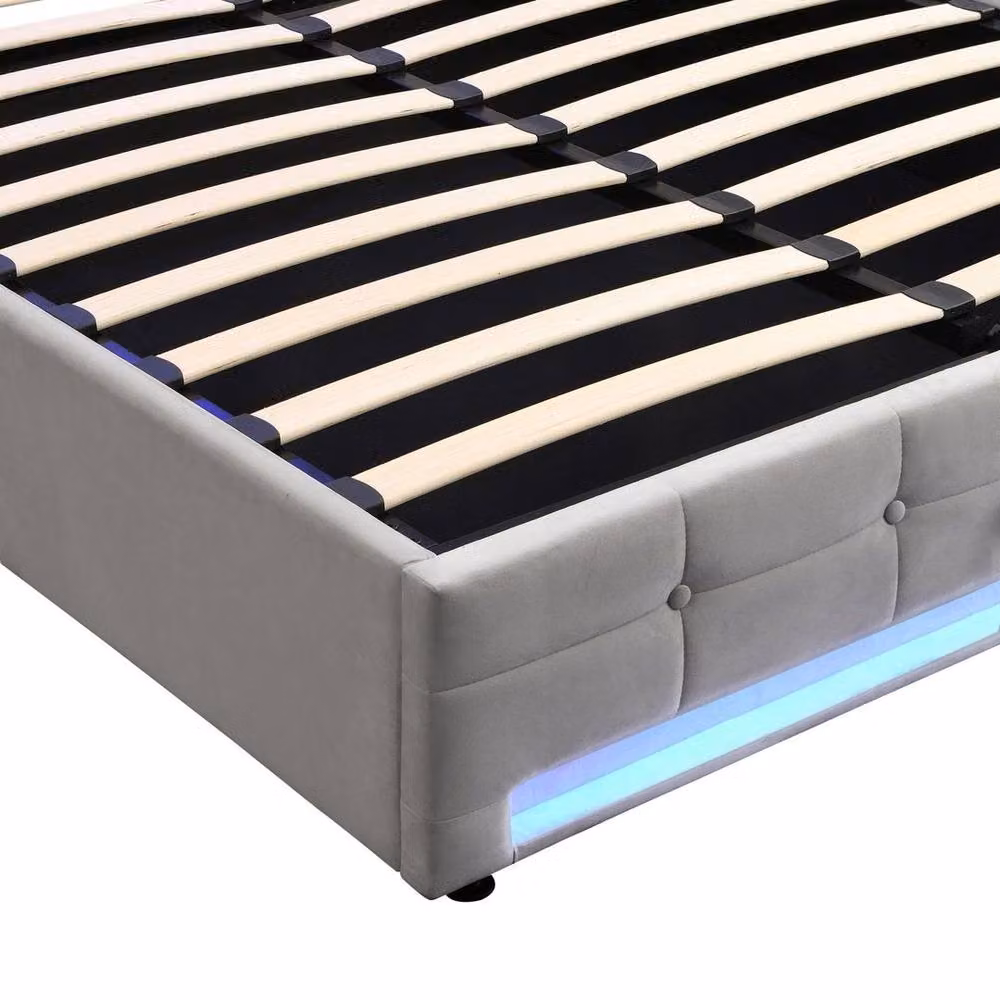 SPETLEK Grey Velvet Upholstered Double Bed Frame with LED Under-Bed Lighting and Hydraulic Lift-Up Base – 2