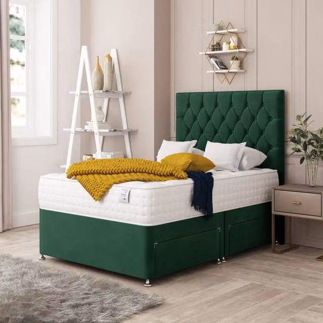 Bed Choices Monaco Bed Set with Mattress and Headboard in Emerald Green Velvet, W/D/H: 90 x 190 cm