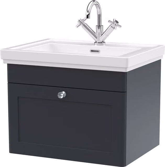 Balterley Wall Hung 1-Drawer Bathroom Vanity Unit and Fireclay Basin, Grey, W: 60 cm – 1