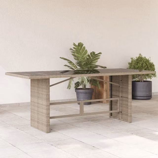 Berkfield Home Modern Garden Table with Glass Top and Poly Rattan in Light Grey, W: 190 cm, D: 80 cm, H: 74 cm – 1