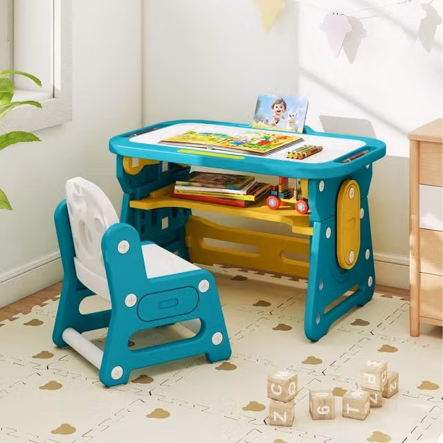 Costway Height Adjustable Childrens Drawing Table and Chair Set with Tilting Top in Green and Turquoise
