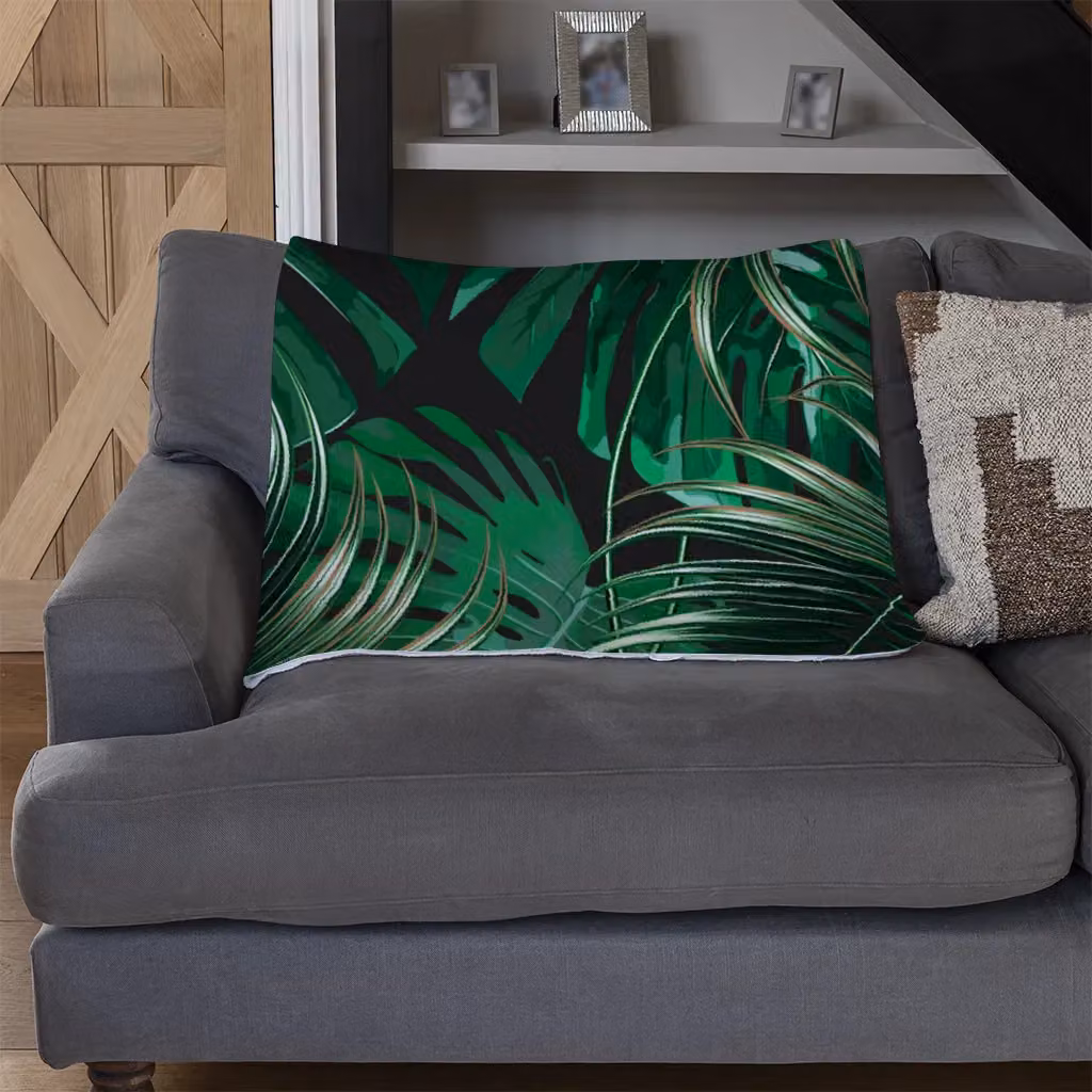Benjamin Tate Design Tropical Leaves Floral Fleece Blanket in Black, Green and Sand, W/D/H: 120 x 150 cm – 2