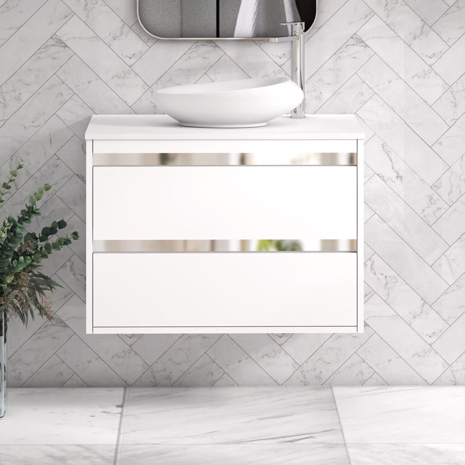 Royal Bathrooms Orion 800mm Matt White Wall Hung 2 Drawer Vanity Unit with Nova Basin and Chrome Accent Trim