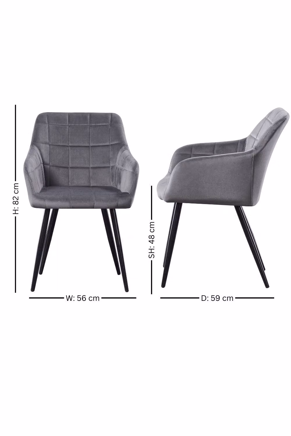 Life Interiors Camden Modern Velvet Dining Chair with Armrests and Black Metal Legs in Dark Grey – 4