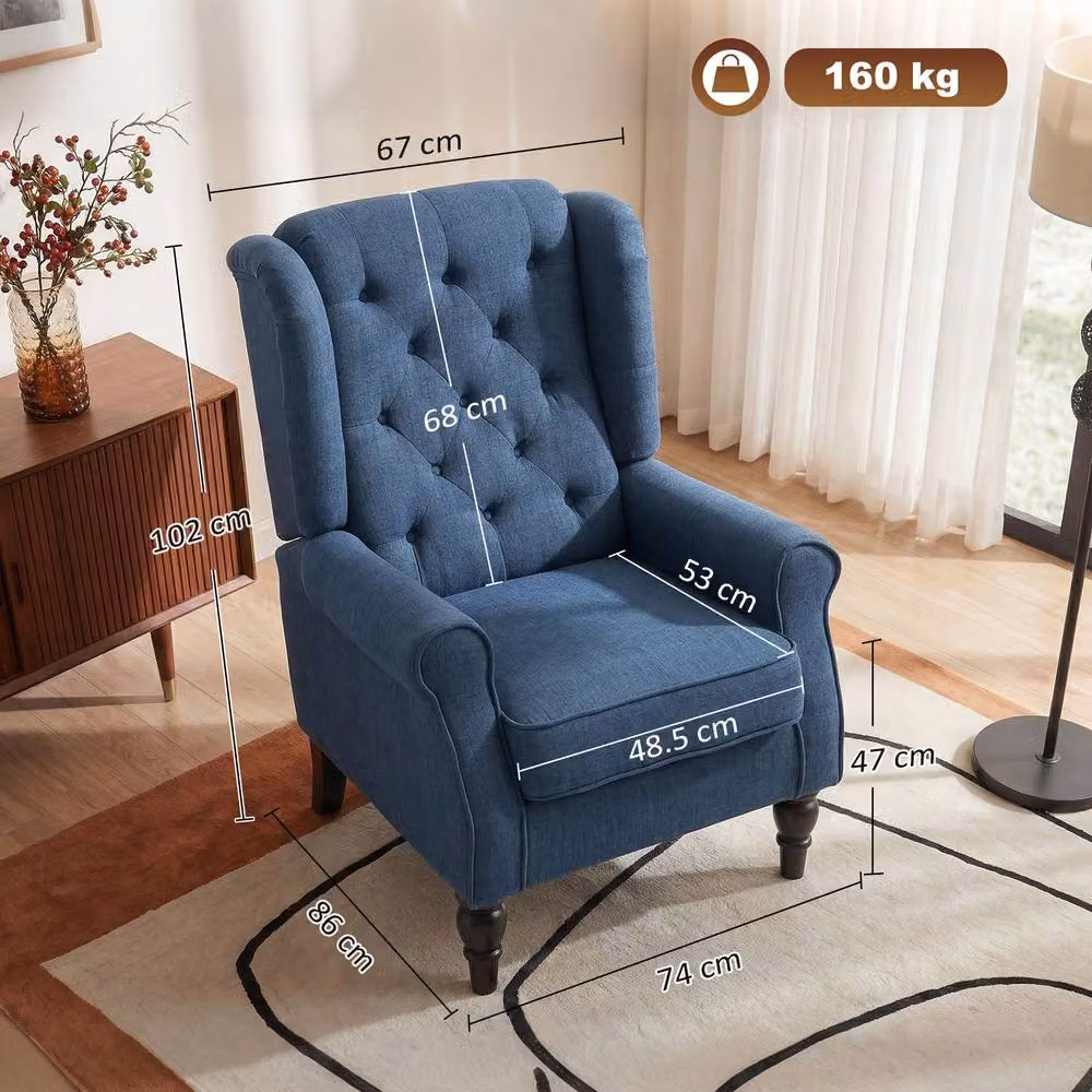 STILVORA Blue Fabric Wingback Chair with Solid Wood Frame and Armrests – 3