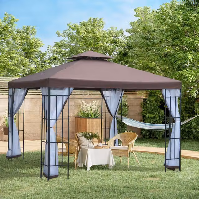 Outsunny Party Tent Marquee Canopy with Mesh Sidewalls, Brown, W/D/H: 300 x 300 x 300 cm