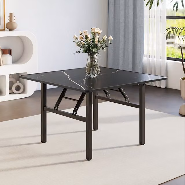 Komore Black Foldable Coffee Table with Abstract Marble Effect and Glossy MDF Laminate Top