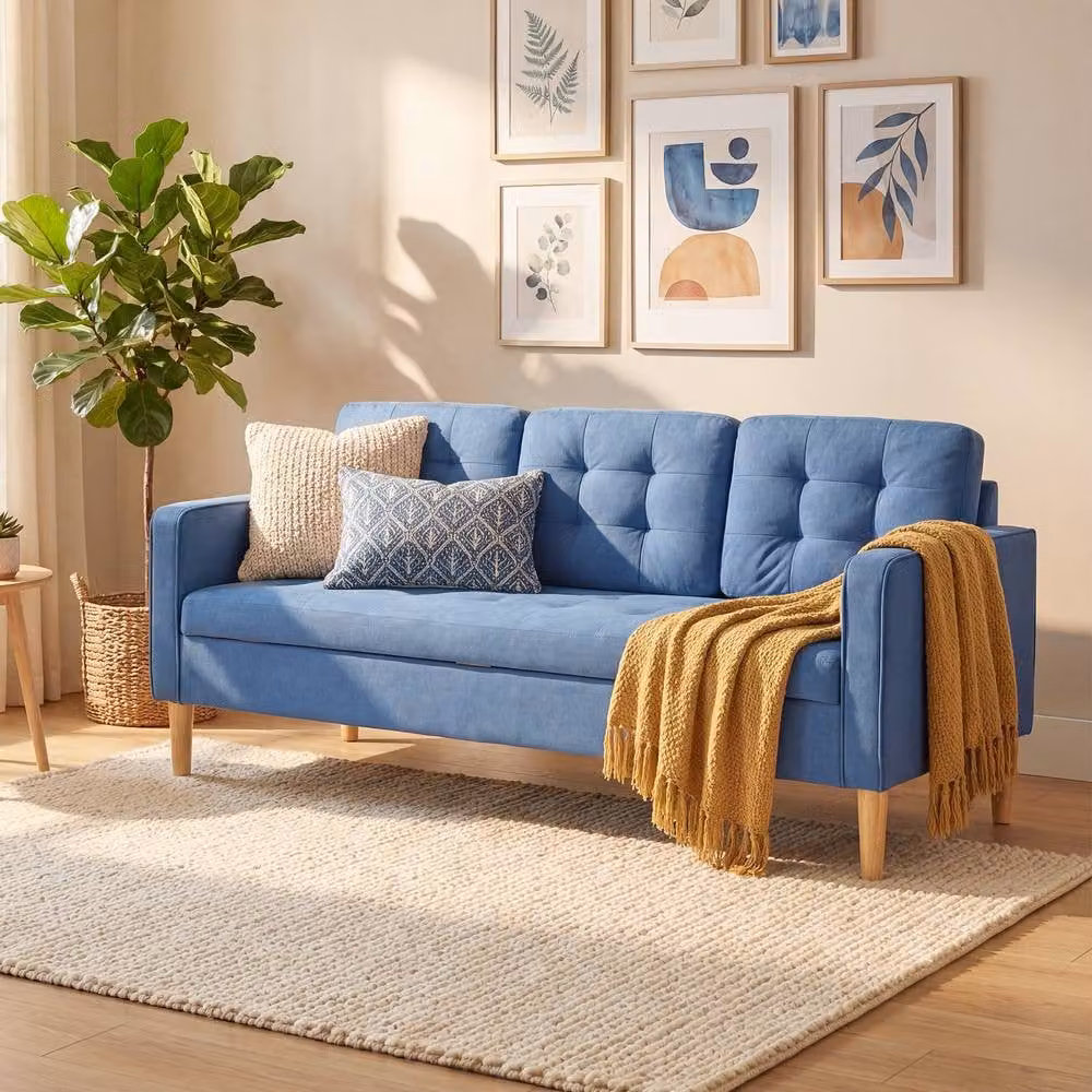 STILVORA Blue Fabric Upholstered Sofa with Solid Wood Frame and Hidden Storage – 2