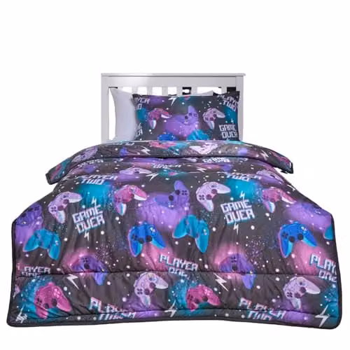 OHS Kids Gaming Coverless Duvet and Pillowcase Set, 10.5 Tog Reversible Microfibre Quilt, Black/Purple/Multicolour, W/D/H: 135 x 200 cm – 5