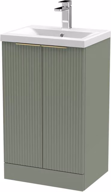 Balterley Satin Green Fluted Floor Standing Bathroom Vanity with Brushed Brass Details, W: 50 cm, H: 85 cm