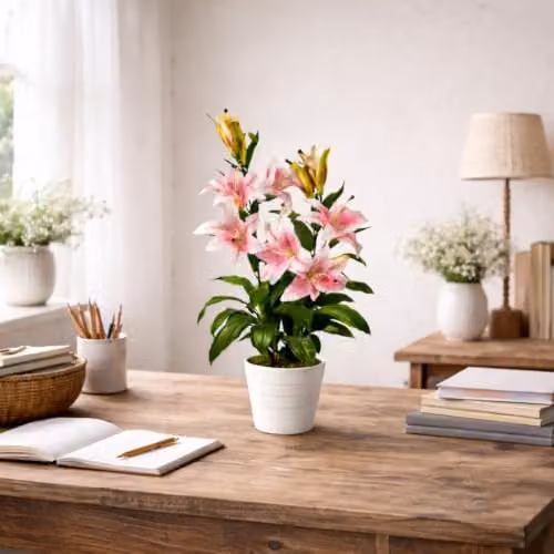 Leaf Design UK Realistic Artificial Pink Stargazer Style Lily Plant, Height: 90 cm – 2
