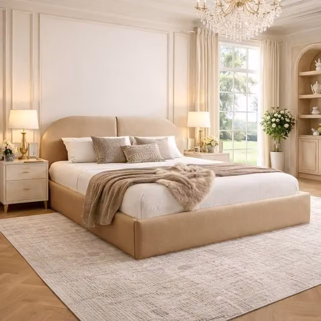 Desire Deco Dolores Upholstered Plush Velvet Bed Frame in Beige, W/D/H: 120 x 200 cm