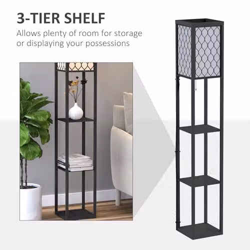 HOMCOM Set of 2 Modern Black Floor Lamps with 3 Wood Shelves and Fabric Lampshades – 5