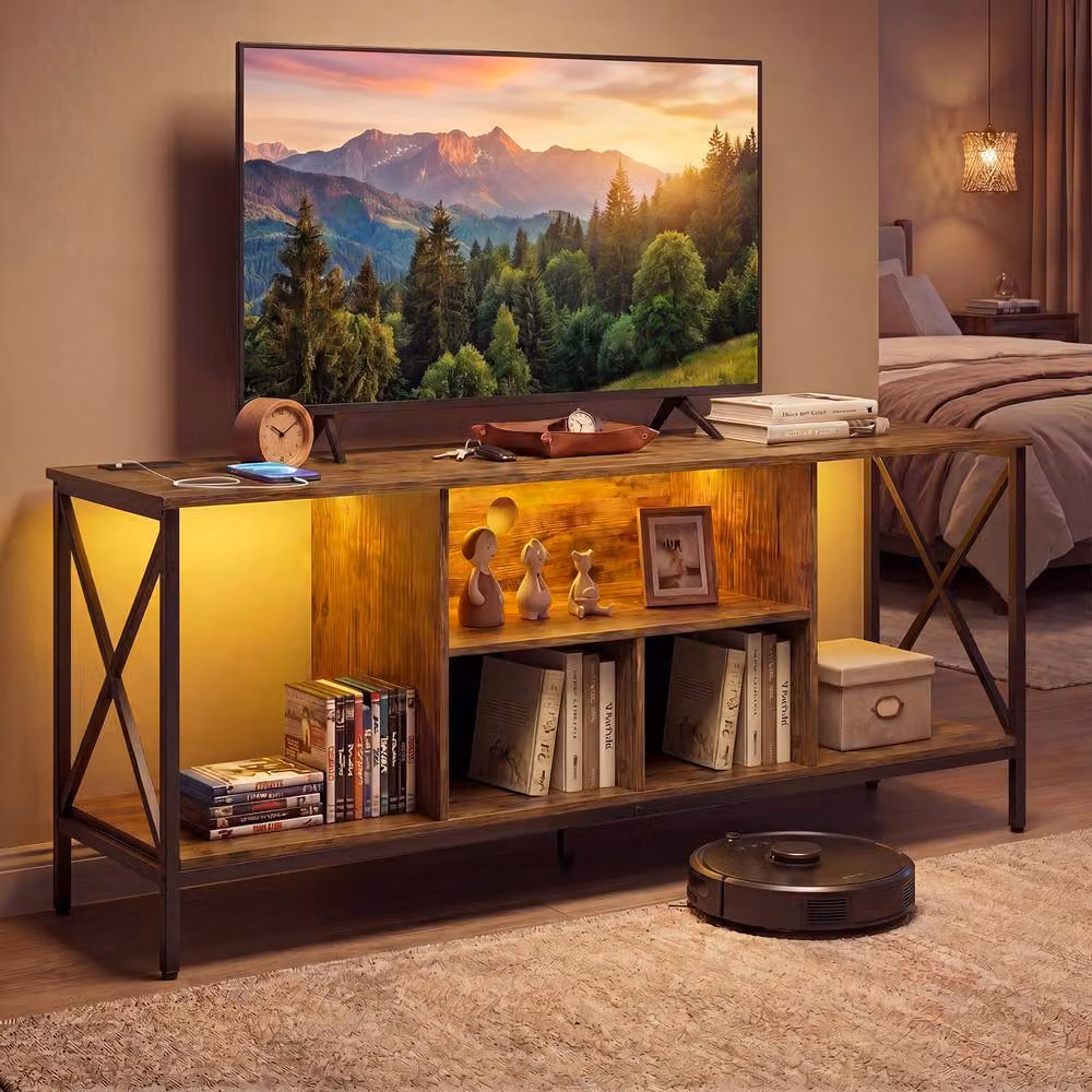 Gymax TV Stand with LED Lights and Power Outlets in Brown – 3