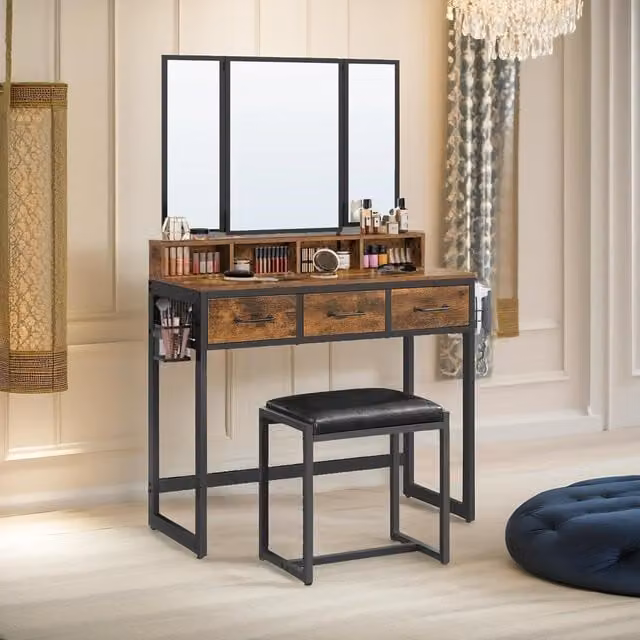 Pirlo Plush 3 Drawer Dressing Table with Tri-Fold Mirror and Stool in Brown, W/D/H: 141 x 40 x 76.7 cm