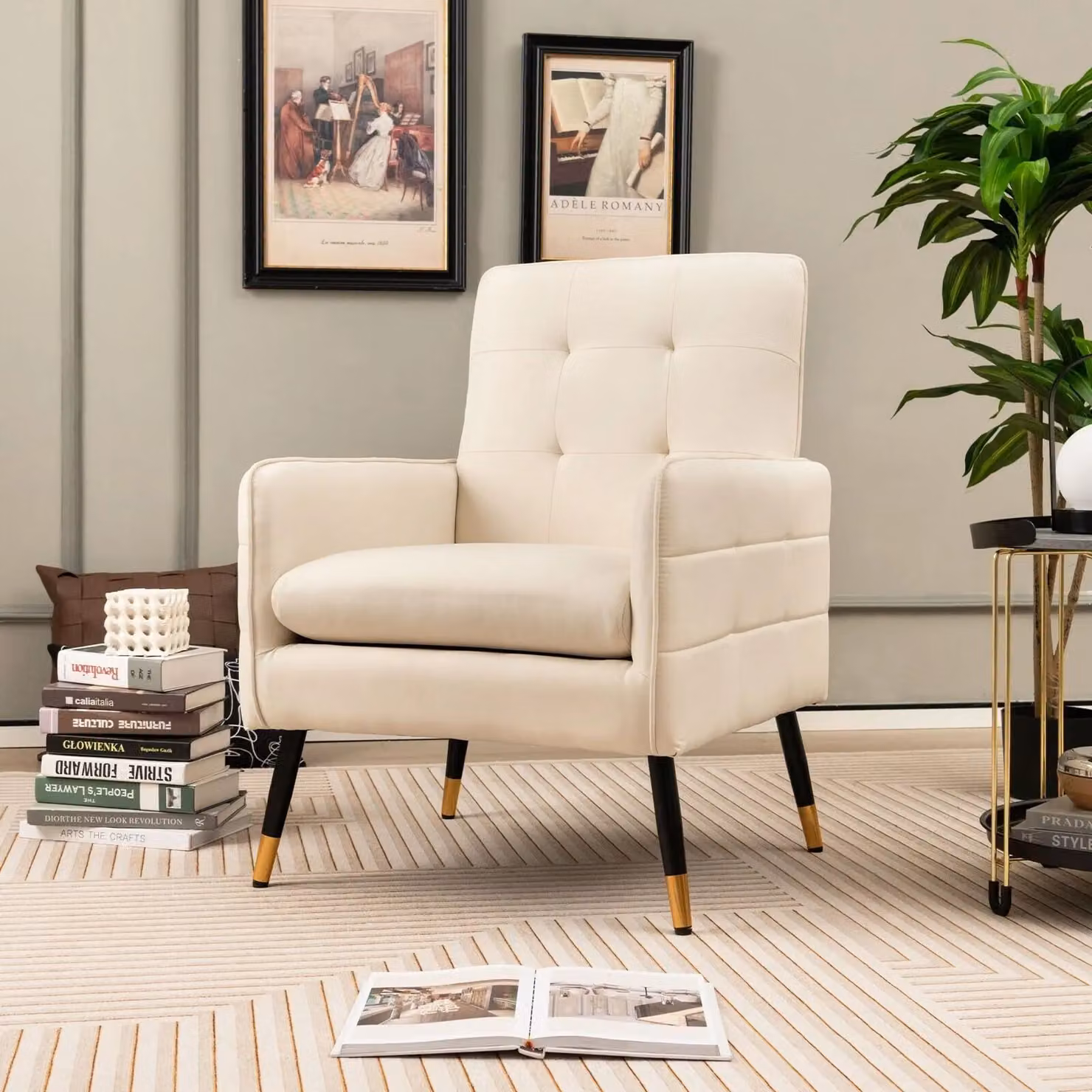 Costway Modern Upholstered Accent Armchair in Beige with Metal Frame – 2