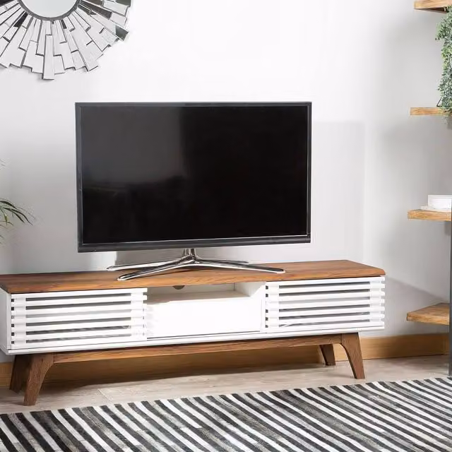 Wyld and Coco Retro 67 inch TV Stand in White and Dark Brown with Five Shelves and Drawers