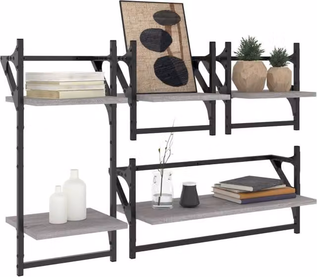 Berkfield Home 4 Piece Industrial Wall Mounted Shelf Set with Hanging Rods in Grey Sonoma Engineered Wood and Metal