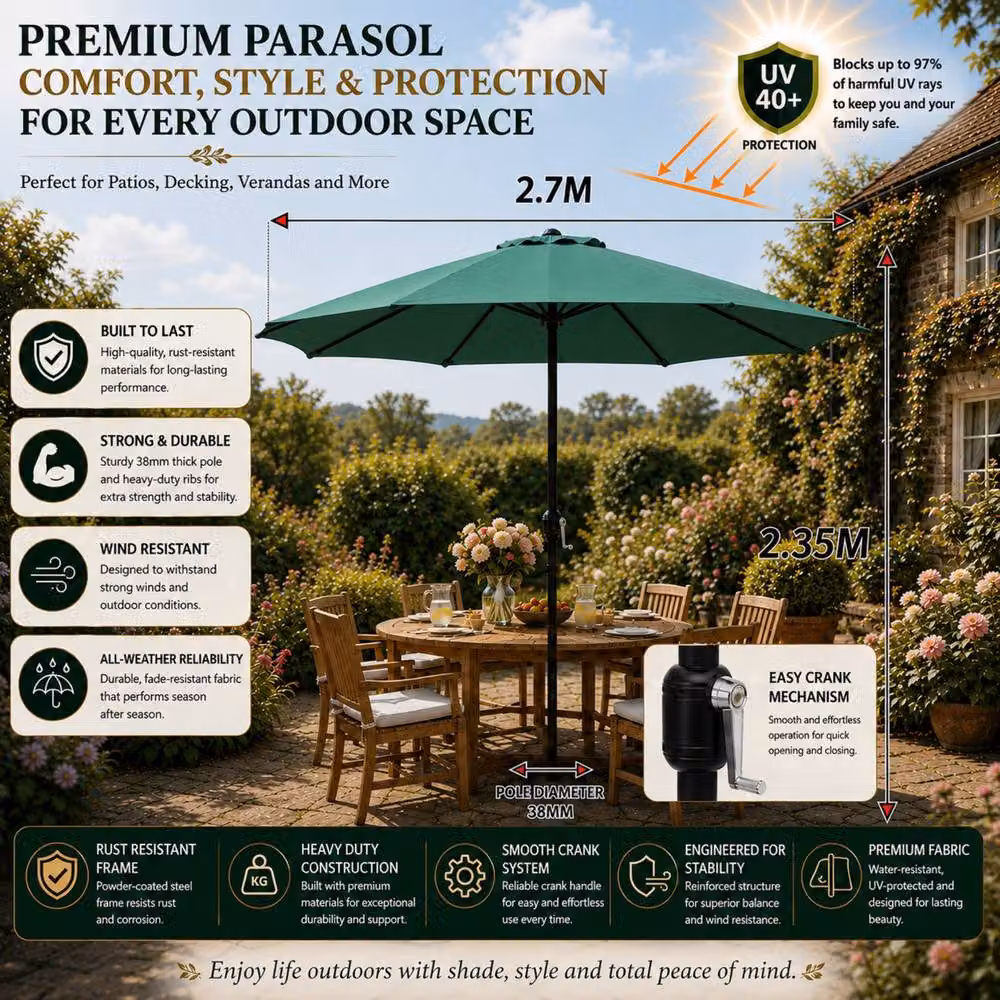 Glamhaus Green Garden Table Parasol with Crank Handle and UPF 50+ Protection, Diameter: 270 cm – 2