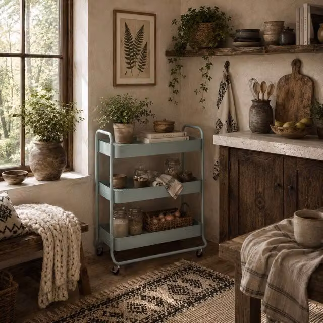 Wyld Haus Nokeyo 3 Tier Rolling Utility Trolley in Matt Light Green with Metal Mesh Baskets – 1