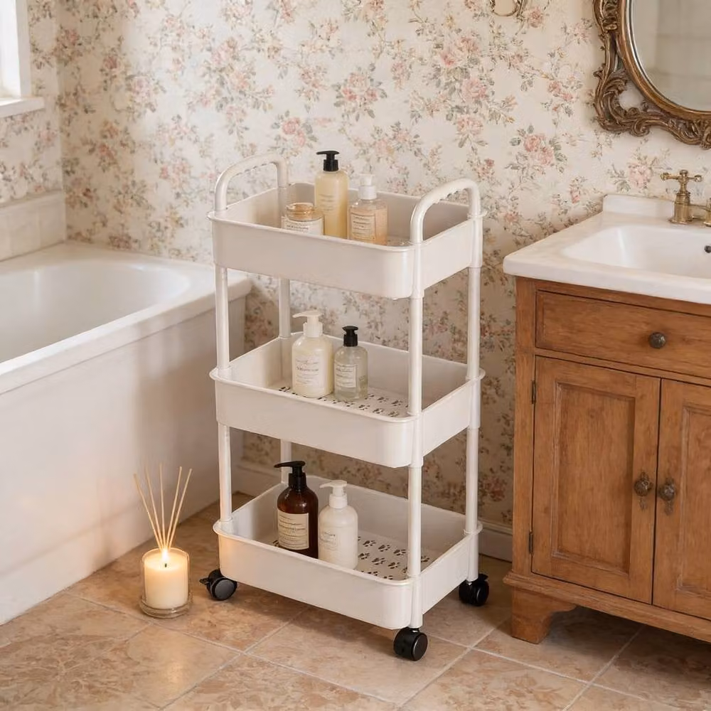 Nordara 3-Tier Modern Kitchen Storage Trolley Cart with Wheels in Matt White – 3