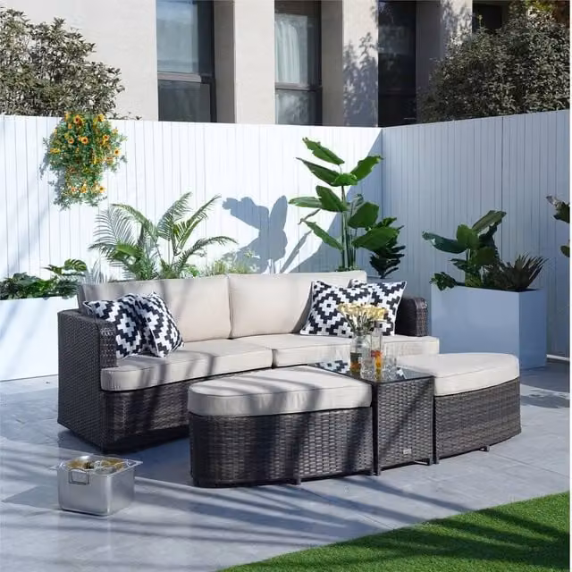 Direct Wicker Brown L-Shape Outdoor Garden Furniture Set with 2-Seater Sofa, Ottoman, Coffee Table and Upholstered Cushions – 1