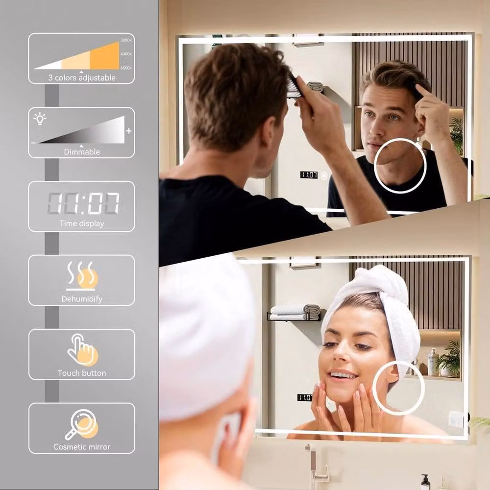 PAWNORA Dimmable LED Wall Mounted Rectangular Bathroom Mirror with Shaver in Beige – 3