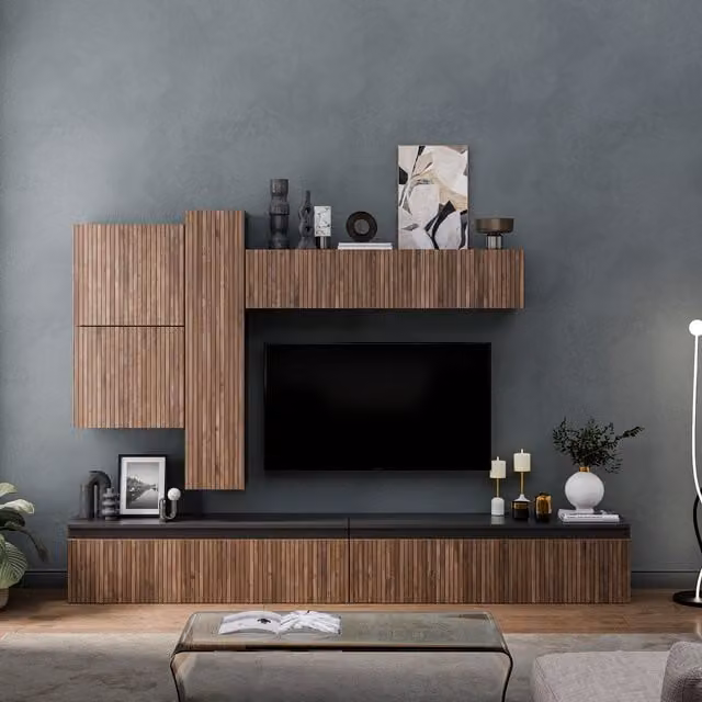 Decorotika Floransa Wall Mounted Entertainment Center in Black with Alina Geometric Pattern