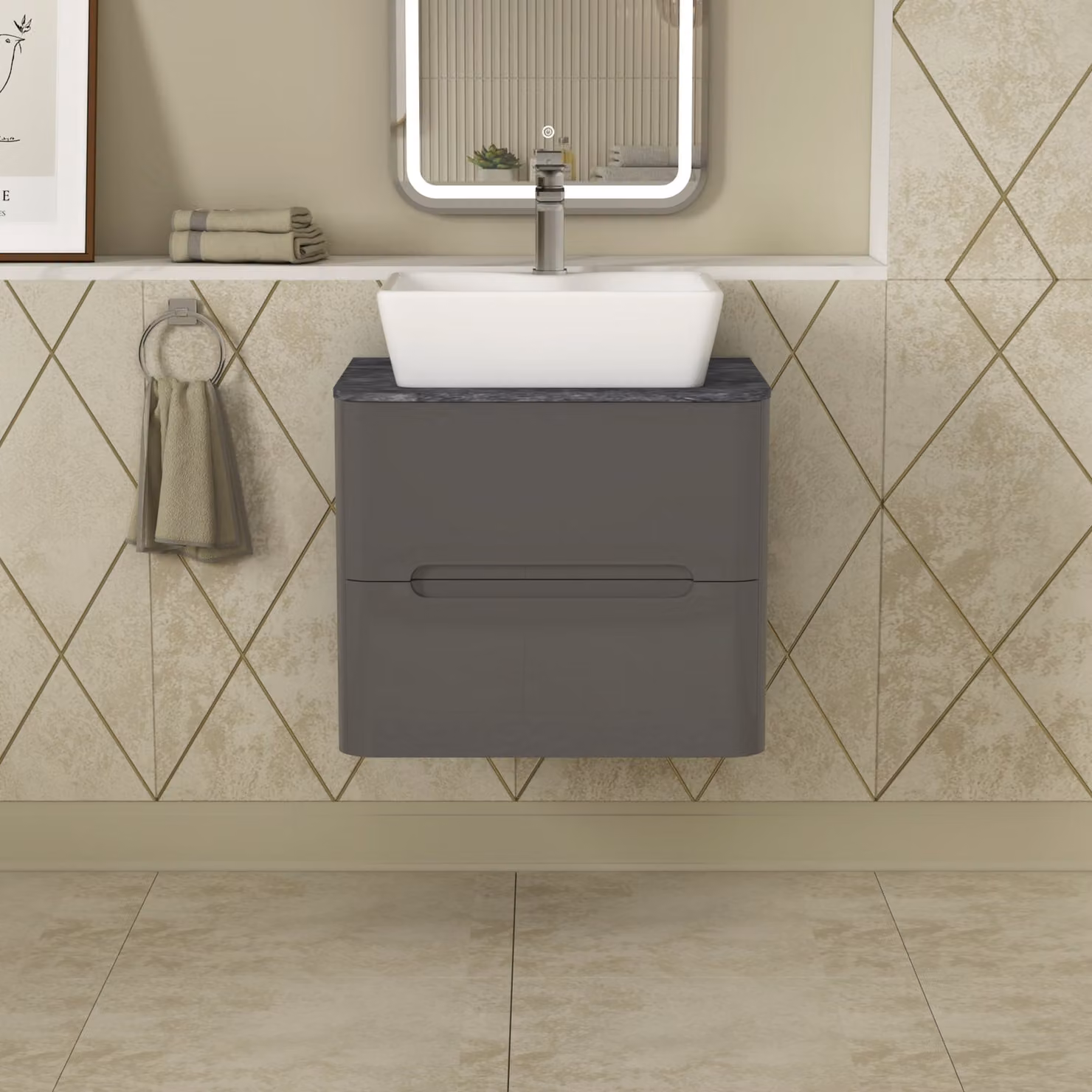 Royal Bathrooms Infinity 600mm Gloss Anthracite Wall Hung Vanity Unit with Black Star Countertop Basin and 2 Drawers