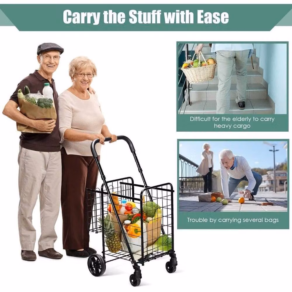 NESTLUNE Portable Double Basket Utility Shopping Cart in Black, W: 100 cm, D: 15 cm, H: 106 cm – 4