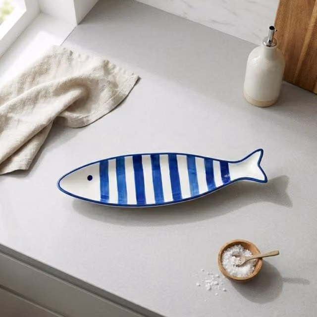 Garden Greatness Striped Sushi Fish Serving Tray in Multicolour Blue Ceramic