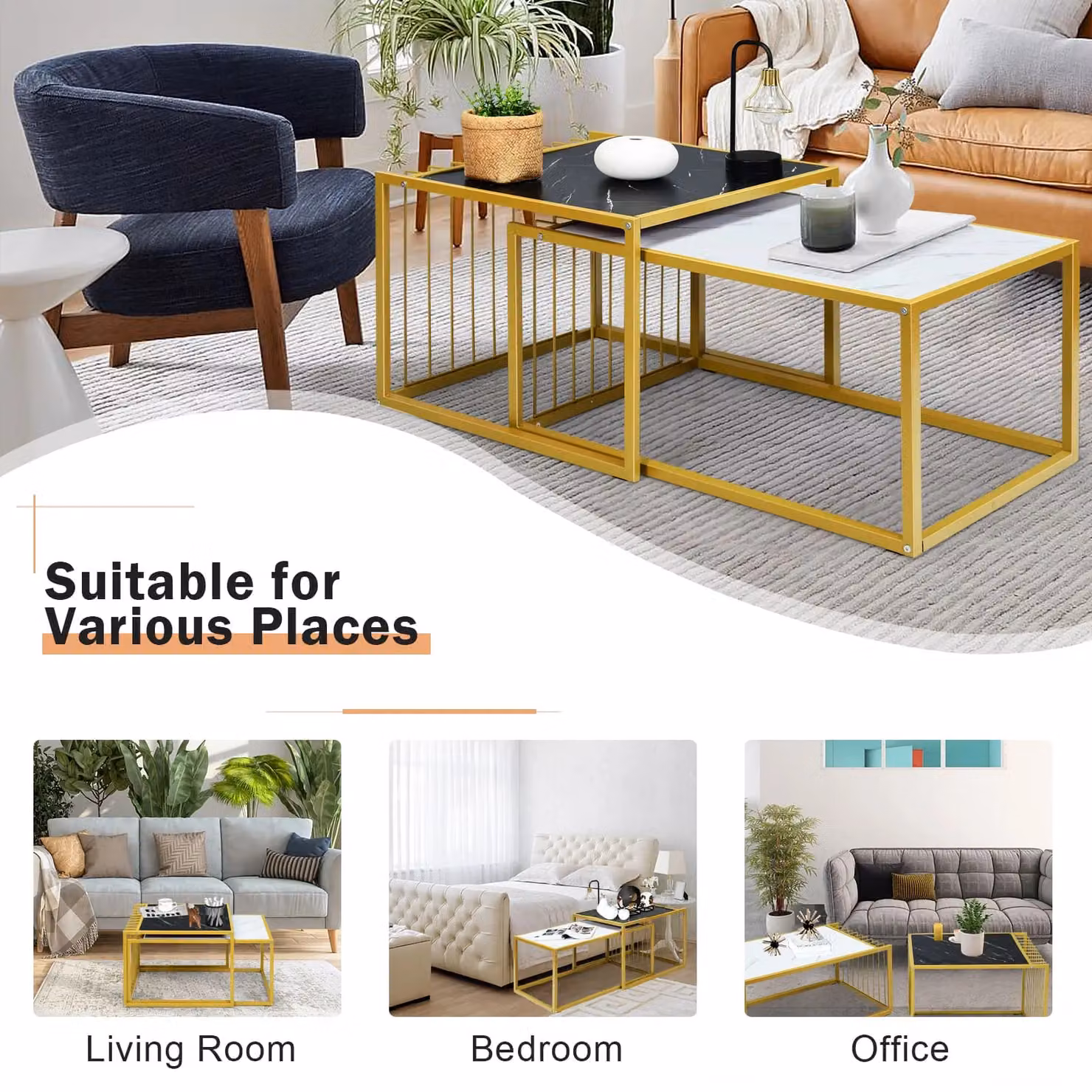 Gymax Nesting Table Set of 2 with Faux Marble Top and Gold Metal Legs – 3