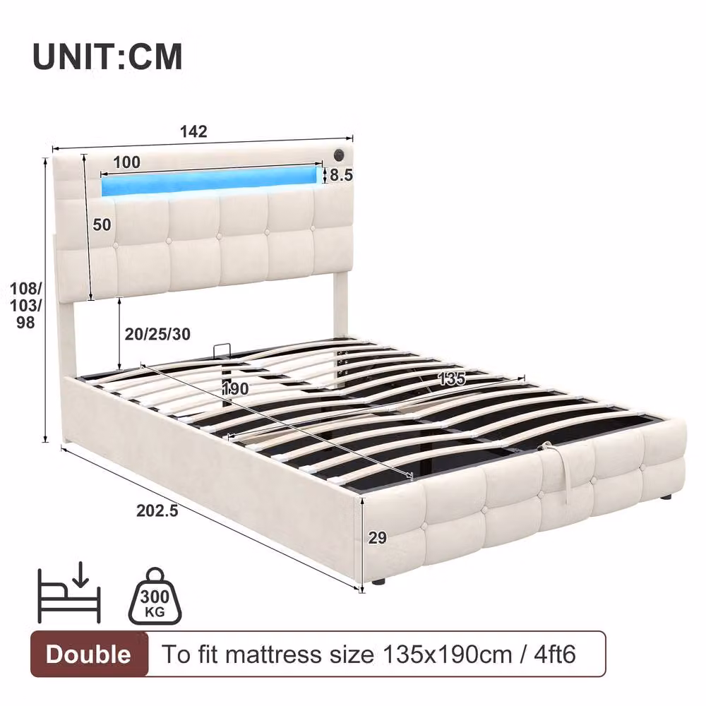 Matteo Double Ottoman Bed Frame in Beige Velvet with LED Lighting, USB Charging and Under-bed Storage, W/D/H: 140 x 200 cm – 6