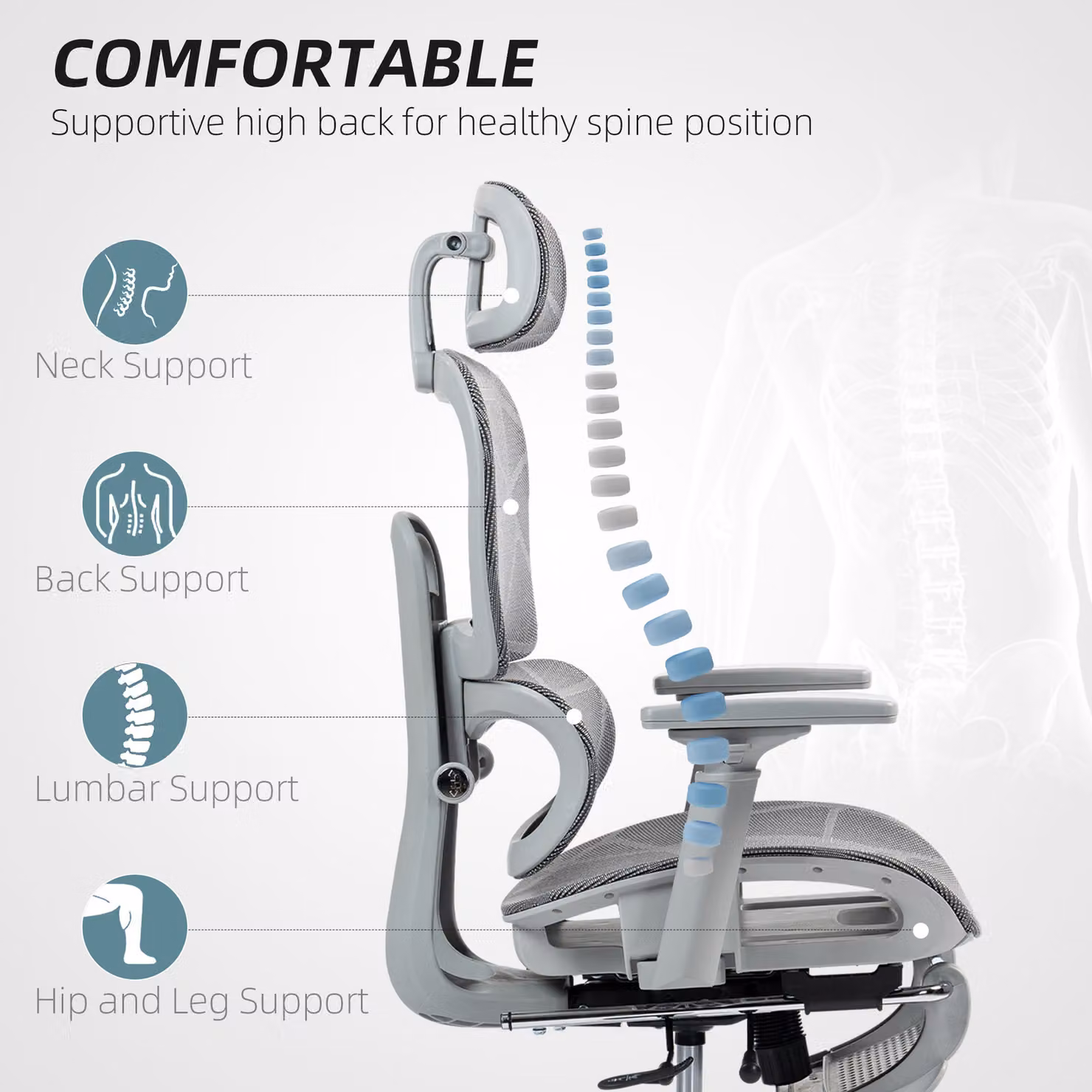 HOMCOM Grey Executive Office Chair with Ergonomic Mesh High Back, Reclining Function, Headrest, Armrests and Swivel Base – 3